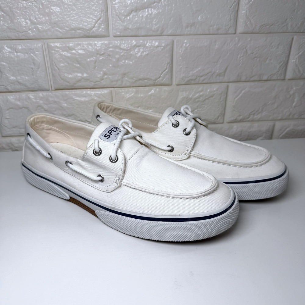 Sperry Boat Shoes Mens 10.5 White Excellent Canvas Memory Foam STS24402